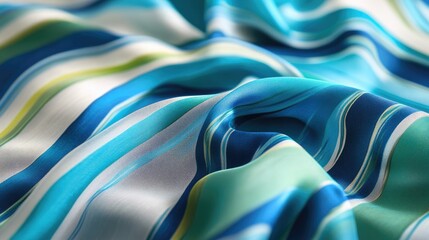 Poster - Blue silk fabric with striped patterns in azure green and white, showcasing an exquisite texture design for backgrounds and textile concepts.