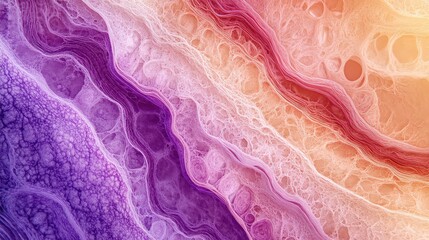 Aufkleber - Detailed close-up view of colorful skin layers under a microscope showcasing intricate textures in shades of purple, pink, and orange for anatomical study.
