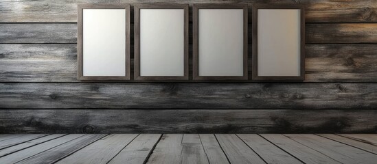 Poster - Rustic wooden wall with empty space for product display and frames in a serene natural setting featuring gray tones and warm wood textures