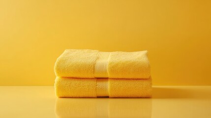 Poster - Stack of vibrant yellow terry cloth towels on a bright background conveying freshness and cleanliness in a modern bathroom or spa setting