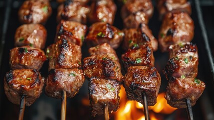Poster - Grilled meat skewers marinated to perfection, showcasing a mouthwatering barbecue feast over an open flame