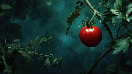 Aufkleber - Vibrant red tomato hanging on a lush branch with dark background showcasing natural beauty and freshness of ripe produce