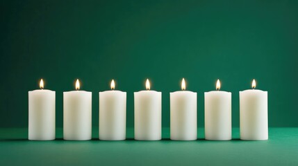 Aufkleber - Pillar candles in a row with flames on green backdrop creating a serene ambiance and luxurious decor for various occasions