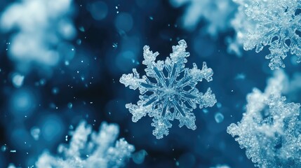 Poster - Snowflakes and Bokeh Effect on Blue Background for Winter Seasonal Themes Copy Space for Holiday Promotions and Greetings