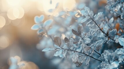 Poster - Soft silver bokeh background with delicate frost-covered leaves creating a serene and enchanting winter atmosphere.