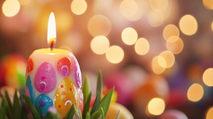 Poster - Colorful Easter candle with vibrant patterns glowing against a softly blurred festive backdrop for seasonal celebrations and decorations