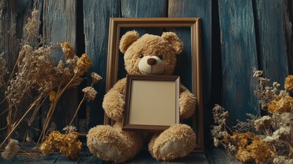 Teddy bear holding a blank frame with dried flowers on a rustic wooden backdrop for heartfelt or nostalgic themes.