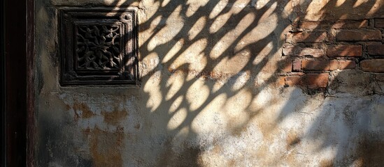 Aufkleber - intricate shadow patterns on a textured brick and cement wall highlighting architectural beauty and 