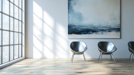 Aufkleber - Contemporary art gallery interior featuring sleek aluminum and plastic chairs in a vertical composition with large abstract artwork on white wall and sunlight streaming through windows.