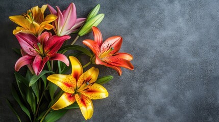 Aufkleber - Vibrant Asiatic lilies arrangement on a textured surface with ample negative space for elegant design and floral inspiration.