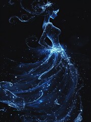 Wall Mural - A beautiful princess with glowing hair and a dress made of swirling light, standing against a black background