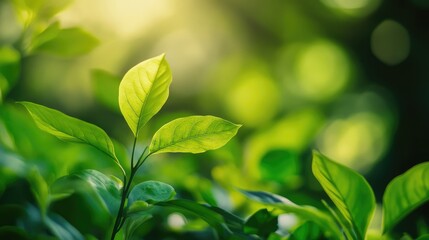 Poster - Selective Focus on Lush Green Leaves Illuminated by Soft Sunlight in a Serene Natural Setting with Vibrant Bokeh Background
