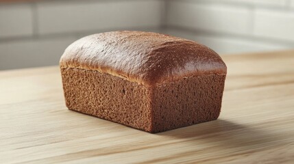 Aufkleber - Whole grain dark rye bread loaf resting on a light wooden table in a cozy kitchen setting showcasing its rustic texture and color.