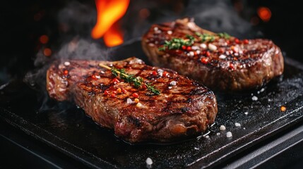 Poster - Juicy grilled steaks with herbs sizzling on a hot black griddle surrounded by flames and smoke in a dramatic food photography setting