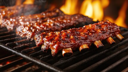 Poster - Grilled BBQ Ribs Glazed with Sauce Over Flames Creating a Delicious Barbecue Experience