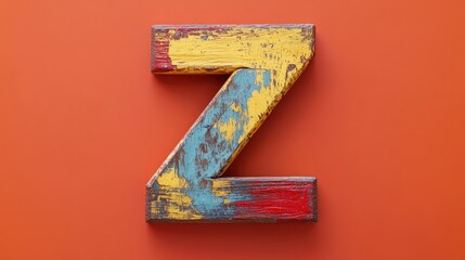 Aufkleber - Sawn wooden letter Z symbol with colorful paint on an orange background isolated for creative design and artistic projects.