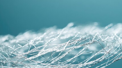 Poster - Delicate silver threads gracefully woven against a soft blue backdrop creating a serene and artistic textile composition.