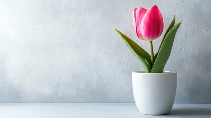 Poster - Pink tulip in a white ceramic vase against a light grey background showcasing minimalist design and soft lighting for a serene atmosphere