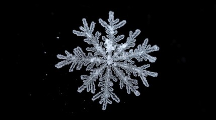 Poster - Delicate snowflake macro on dark backdrop showcasing intricate winter texture with ample negative space for design use