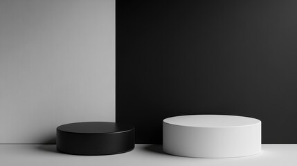Aufkleber - Minimalist Black and White Product Display on Circular Pedestals with Textured Background for Modern Design Concepts