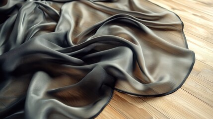 Poster - Elegant sheer silk fabric gracefully draped on a warm wooden floor creating a luxurious and textured backdrop for design concepts