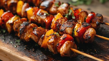 Wall Mural - Grilled Meat and Vegetable Skewers Served on Wooden Platter with Fresh Herbs and Spices