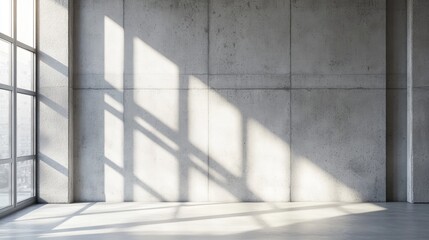 Poster - Modern loft interior with concrete wall texture and natural light casting shadows through large windows, showcasing minimalist design.