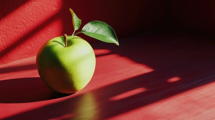 Poster - Vibrant Green Apple Resting on Rich Red Surface with Dramatic Light and Shadow Effects in Modern Still Life Composition