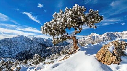 Aufkleber - Solitary snow-covered tree on a mountain peak under a bright blue sky with dramatic clouds and surrounding rugged peaks in winter scenery