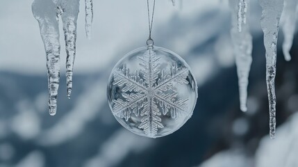 Aufkleber - Frozen snowflake suspended in crystal sphere surrounded by icicles reflecting winter's serene beauty and intricate detail