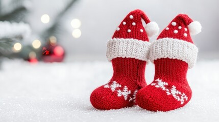 Poster - Christmas themed sock protectors styled as elf hats on a snowy white background with festive decorations and soft bokeh lights.