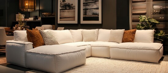 Poster - Elegant modern white sectional sofa in a cozy living room showcasing stylish interior design and home decor elements.