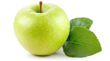 Poster - Ripe green apple with fresh green leaves isolated on a white background highlighting natural freshness and healthful appeal.