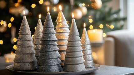 Fototapete - Silver Christmas decorations featuring elegant candles and sparkling trees in a cozy living room with a festive ambiance.