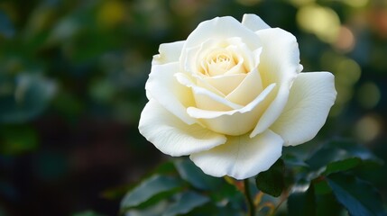 Poster - Elegant white rose in full bloom on green stem with blurred dark background highlighting its delicate features and natural beauty.