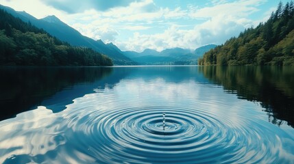 Poster - Cascading water droplet in sky blue reflections creating gentle ripples on serene turquoise lake surrounded by lush green mountains and clouds