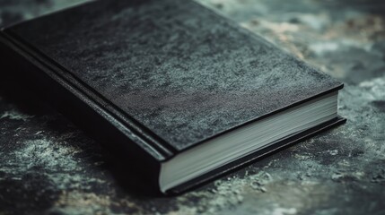 Aufkleber - Black open book with blank white pages and textured cover on distressed surface, side angle view, minimalist stationery concept.