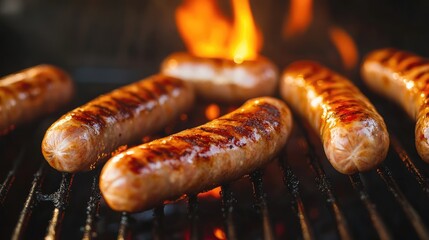 Poster - Grilling Juicy Sausages Over Flames at Summer Barbecue with Smoke Rising from Charcoal Grill
