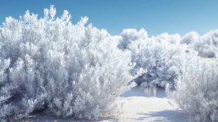 Wall Mural - Snow-covered bushes in a serene winter landscape under a clear blue sky showcasing the beauty of nature in cold seasons.