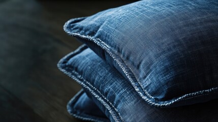 Aufkleber - Luxury cotton pillows stacked with detailed stitching on a dark backdrop showcasing elegant bedding design trends for home decor.