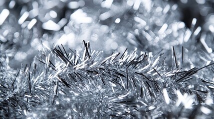 Poster - Close up of shimmering silver tinsel decoration creating a festive holiday atmosphere with sparkling reflections and intricate details.
