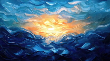 Aufkleber - Sunset Over Ocean Waves with Receding Shades of Blue and Warm Yellow Light, Creating a Serene Coastal Atmosphere