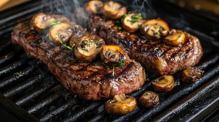 Poster - Grilled steak with smoky mushrooms on grill showcasing deliciously cooked meats and vibrant flavors in culinary settings