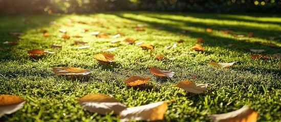 Poster - Woodland pathway with soft green grass and scattered autumn leaves illuminated by golden sunlight creating gentle shadows in serene forest setting