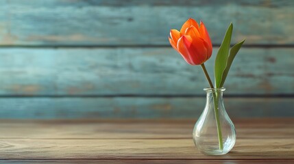 Sticker - Orange tulip in a clear vase on a rustic wooden table with a blurred blue-green background for a fresh and minimalist floral decor theme