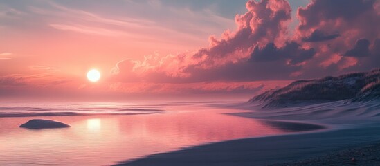 Poster - Tranquil beach at sunset with vibrant pink and orange hues reflecting on calm waters and soft clouds enhancing serene atmosphere