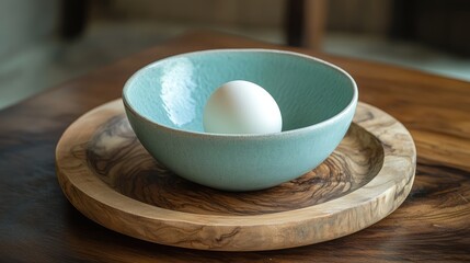 Poster - Single white egg in turquoise bowl on rustic wooden platter with natural wood grain background in cozy kitchen setting