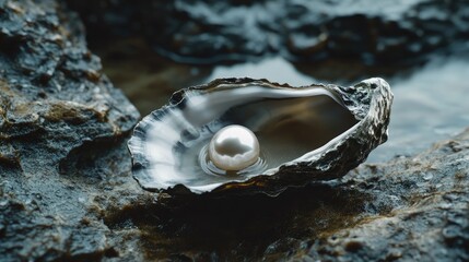 Poster - Elegant pearl nestled in an open oyster shell on textured rocky surface natural marine beauty and treasure concept