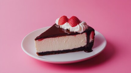 Poster - Cheesecake slice topped with chocolate ganache strawberries and whipped cream on a white plate against a pink background