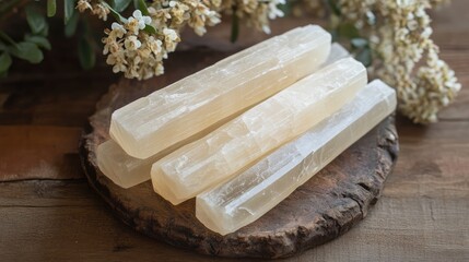 Poster - translucent selenite crystal mineral sticks in soft beige tones surrounded by greenery on rustic woo